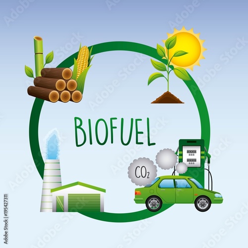 biofuel life cycle car biomass ethanol factory plant sugarcane sun emission co2 diagram vector illustration