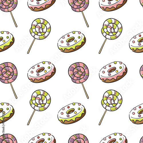 Seamless pattern with donut ad lollipop. Sweet dessert pattern for wrapping paper ond textile, fabric