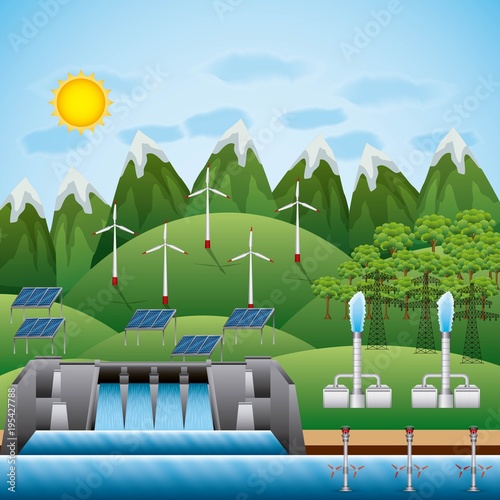 energy types landscape hydro dam turbine geothermal   panel solar  vector illustration