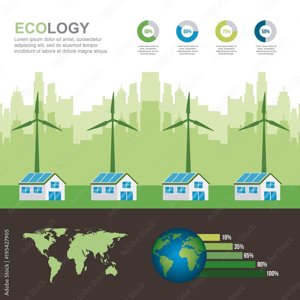 energy types - infographic village houses panel solar and turbines winds renewable world vector illustration