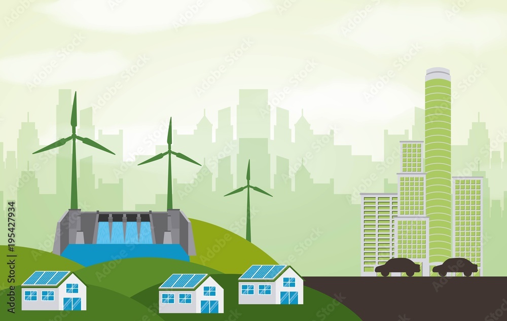 energy types - city electric clean houses panel solar hydro and turbines vector illustration
