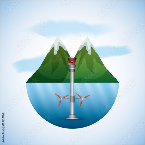 energy types - landscape natural and seawater turbines wind vector illustration