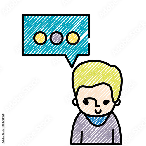 grated man with t-shirt and chat bubble message