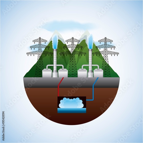 energy types - landscape natural and electric towers geothermal plants vector illustration