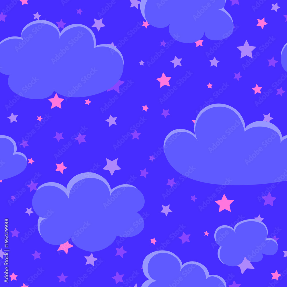 sky background with stars and clouds. vector seamless pattern