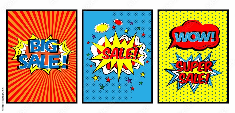 Colorful Pop art comic sale discount promotion banner, Big sale template with speech bubble, clouds beams and halftone background. Vector illustration