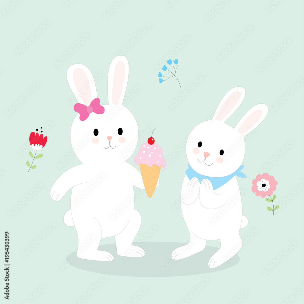 Cartoon cute little rabbits is giving her brother's ice cream vector. Cartoon cute little rabbits is giving her brother's ice cream vector.