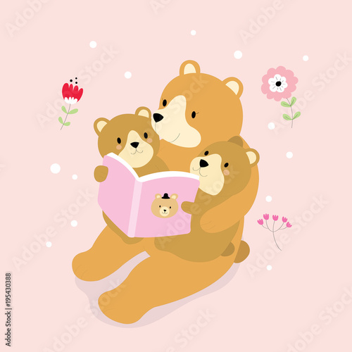 The bear mother is reading tales with two kids bear vector.