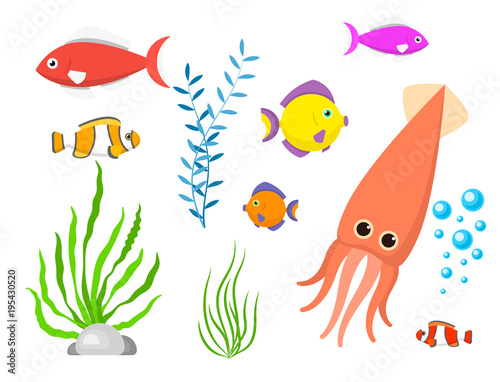 Set aquatic funny sea animals underwater creatures cartoon characters shell aquarium sealife vector illustration.