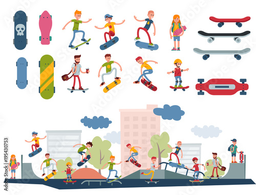Skateboarder active people park sport extreme outdoor active skateboarding urban jumping tricks vector illustration.