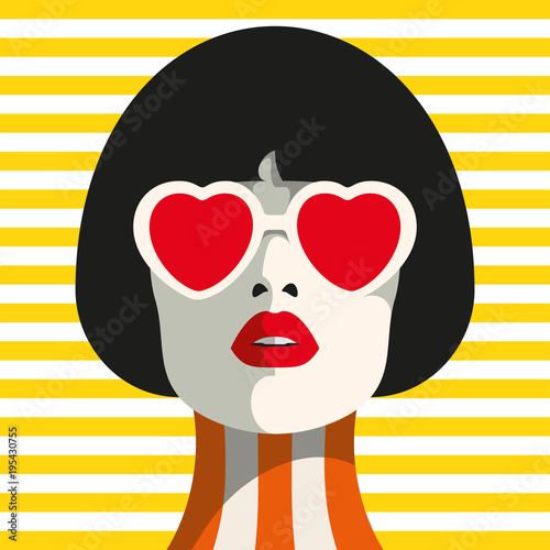 Stylish woman with heart glasses and bob haircut. Seamless geometric pattern. Stripe pattern.