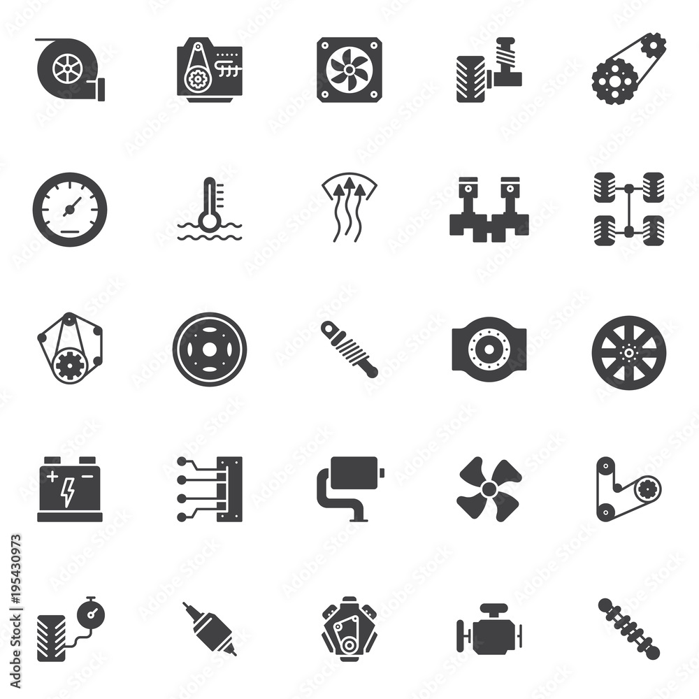 Car engine elements vector icons set, modern solid symbol collection