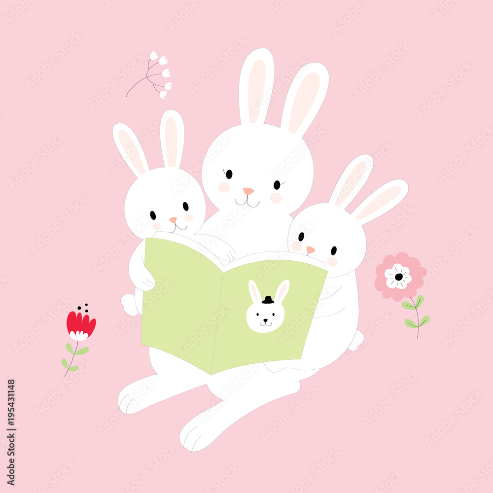 Cartoon cute mother rabbit is reading the fairy tales to little rabbits vector. Cartoon cute mother rabbit is reading the fairy tales to little rabbits vector.