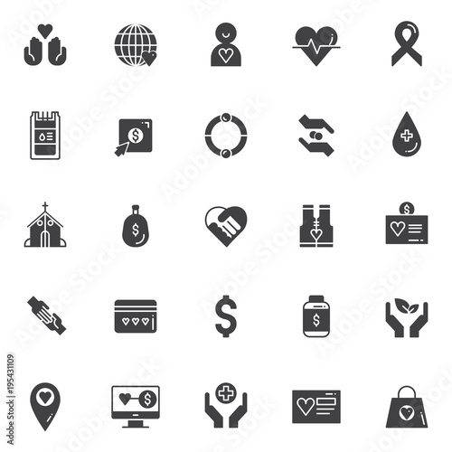 Charity vector icons set, modern solid symbol collection, filled style pictogram pack. Signs, logo illustration. Set includes icons Donation hands with heart, Earth globe with heart, Donor, Cancer
