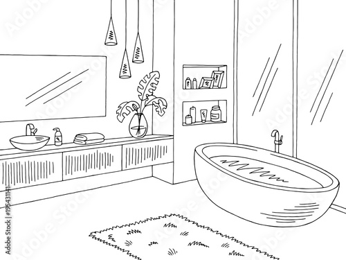 Bathroom graphic interior black white sketch illustration vector