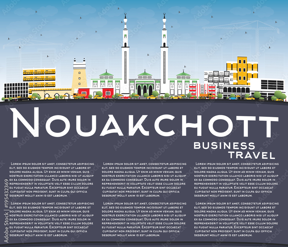 Nouakchott Mauritania City Skyline with Color Buildings, Blue Sky and Copy Space.
