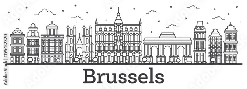 Outline Brussels Belgium City Skyline with Historic Buildings Isolated on White.