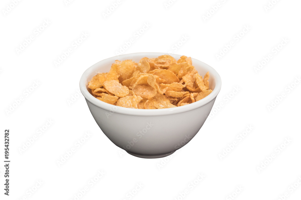 Corn flake cereal in white ceramic bowl isolated on white background with clipping path Corn flake cereal in white ceramic bowl isolated on white background with clipping path