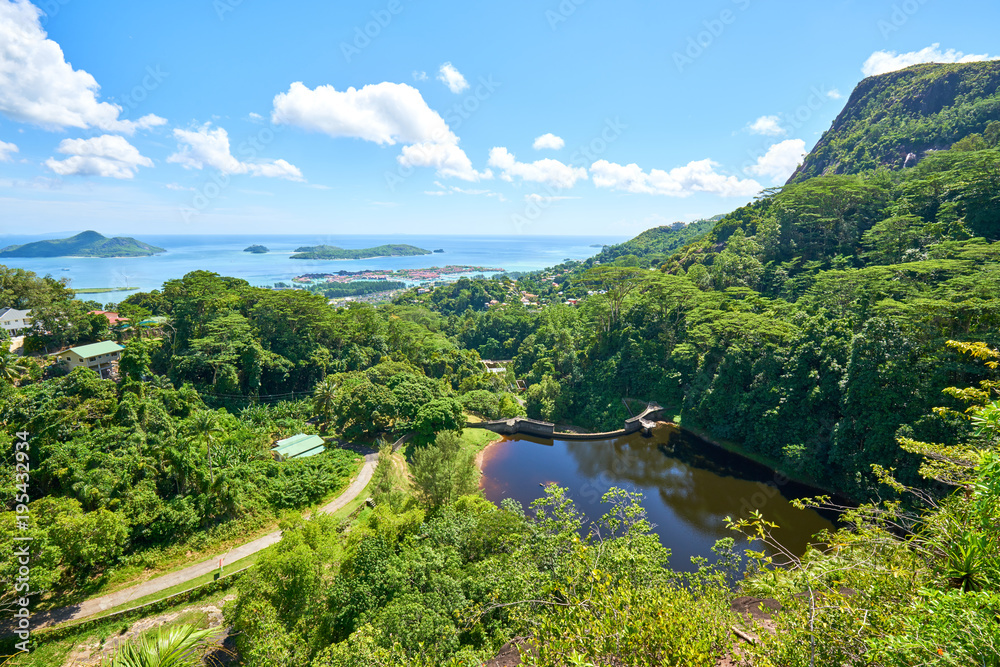 Panoramic view of the coastline of the Seychelles Islands and Eden island