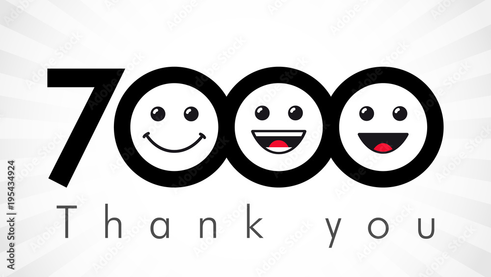 Obraz premium Thank you 7000 followers numbers. Congratulating black and white thanks, image for net friends in two 2 colors, customers likes, % percent off discount. Round isolated emoji smiling people faces.