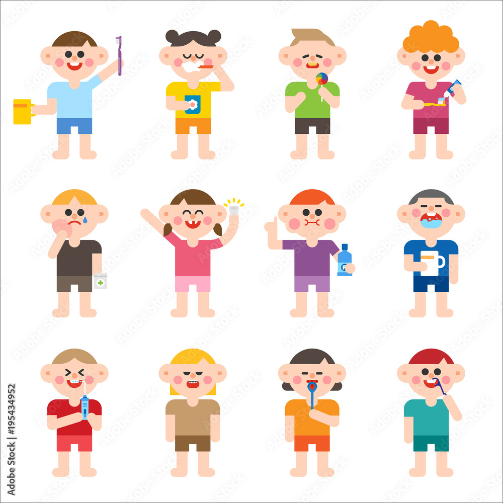 Cute children characters brushing teeth vector flat design illustration set 