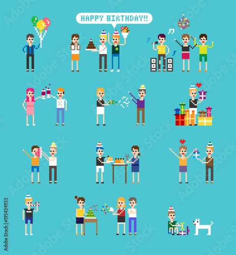happy birthday party pixel character vector flat design illustration set 
