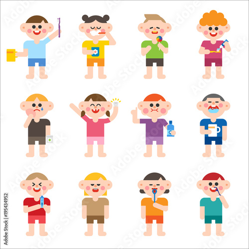 Cute children characters brushing teeth vector flat design illustration set 