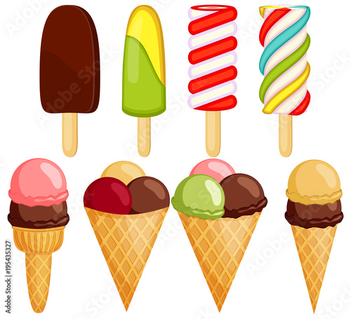 Colorful ice cream popsicle 8 elements set.