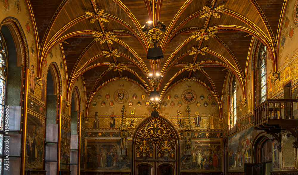 Gothic Hall with its late 19th-century murals in the Stadhius city hall off Brugge