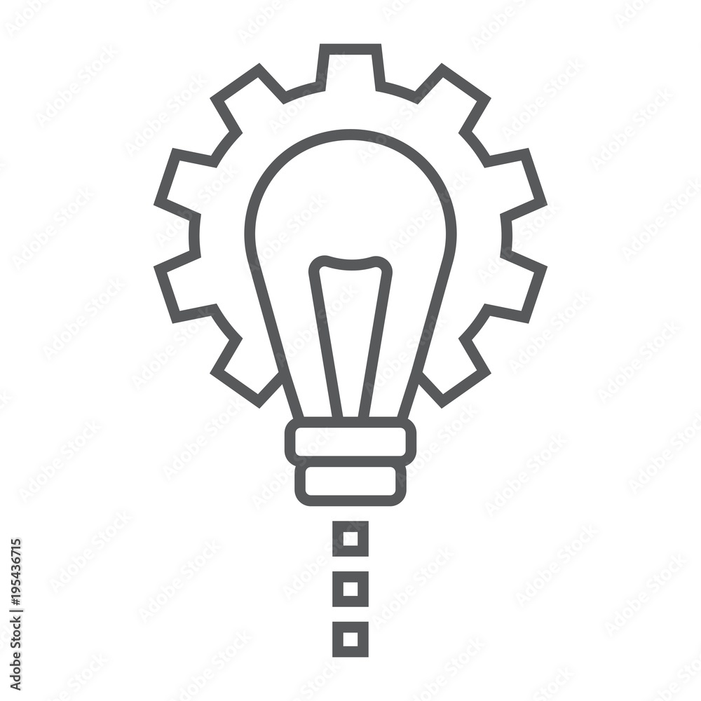 Product Development thin line icon, development and business, lightbulb in gear sign vector graphics, a linear pattern on a white background, eps 10.