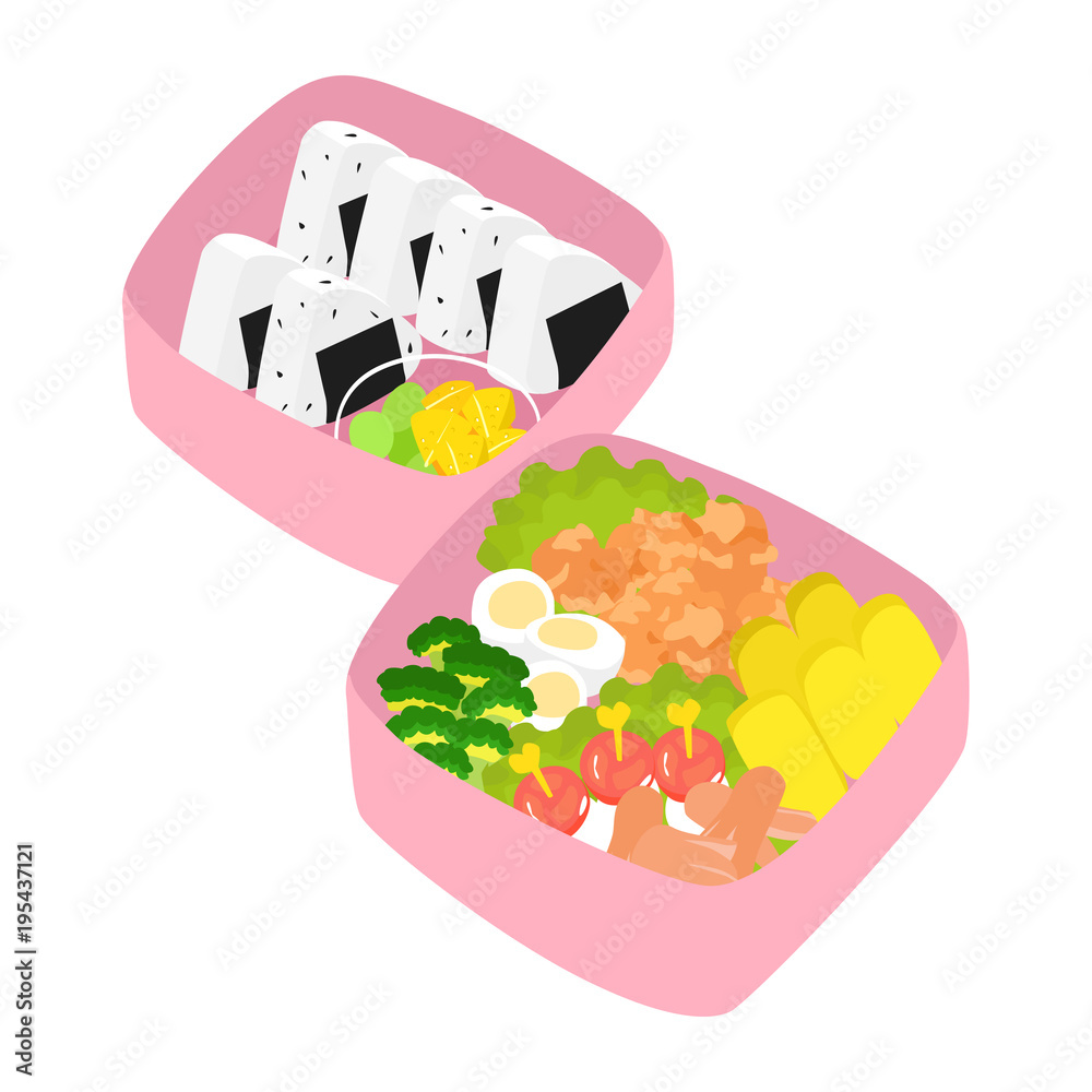 おにぎりとおかずいっぱいのお弁当のイラスト Stock Vector Adobe Stock