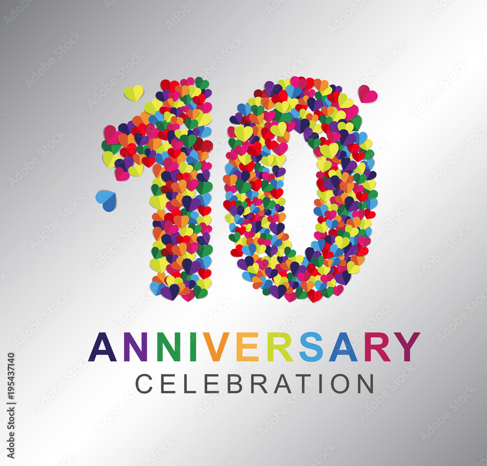 10th anniversary design logotype paper hearts multicolor for celebration