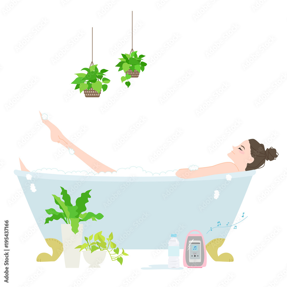 観葉植物を置いてるお風呂 入浴中の女性のイラスト Stock Vector Adobe Stock