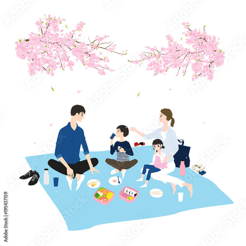 日本の春。桜の季節。花見をしながらランチをする家族のイラスト。
