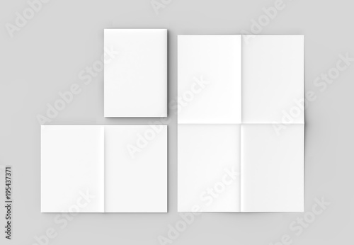 8 page leaflet - French fold right angle vertical brochure mock up isolated on soft gray background. 3D illustrating.