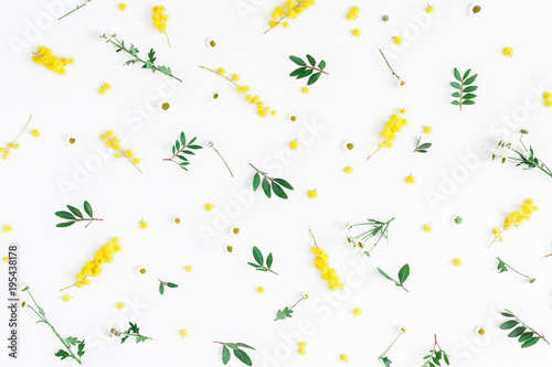 Flowers composition. Pattern made of fistachio leaves and yellow flowers on white background. Easter, spring, summer concept. Flat lay, top view