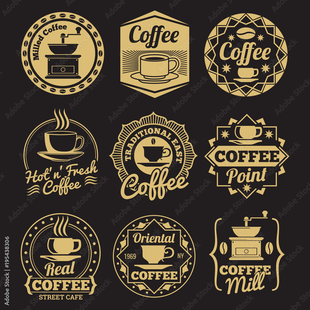 Gold coffee shop labels on black backdrop