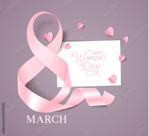8 March. Happy Women's Day greeting text. International womens day design template. Number eight with pink bow and horizontal ribbon on grey background. Vector illustration