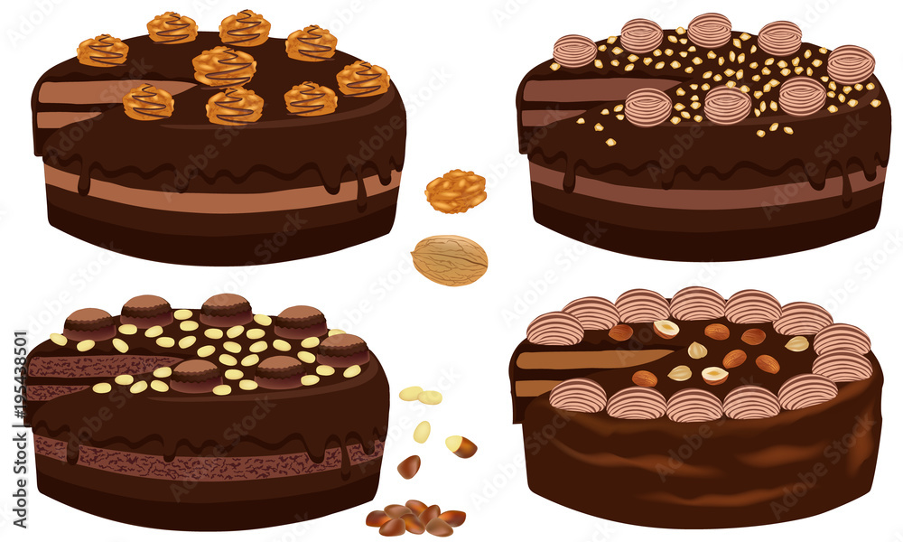 Set of chocolate cake with nuts. Dessert close-up. Chocolate cake whole with nuts and cream isolated on white background. Vector illustration. Set of chocolate cake with nuts. Dessert close-up. Chocolate cake whole with nuts and cream isolated on white background. Vector illustration.