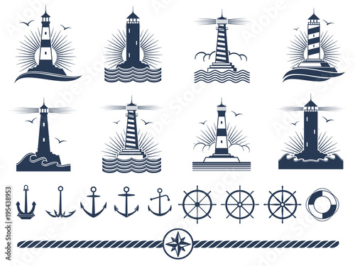 Nautical logos and elements set - anchors lighthouses rope photo