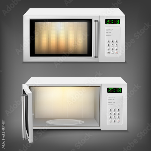 Vector 3d realistic microwave oven with light inside, with open and close door, front view isolated on background. Household appliance to heat and defrost food, for cooking, with timer and buttons