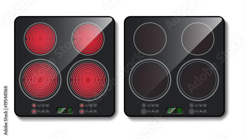 Vector realistic black induction cooktop or glass-ceramic cooking panel, hob with four heating zones, isolated on background. Modern household appliance for cooking food with sensory control buttons