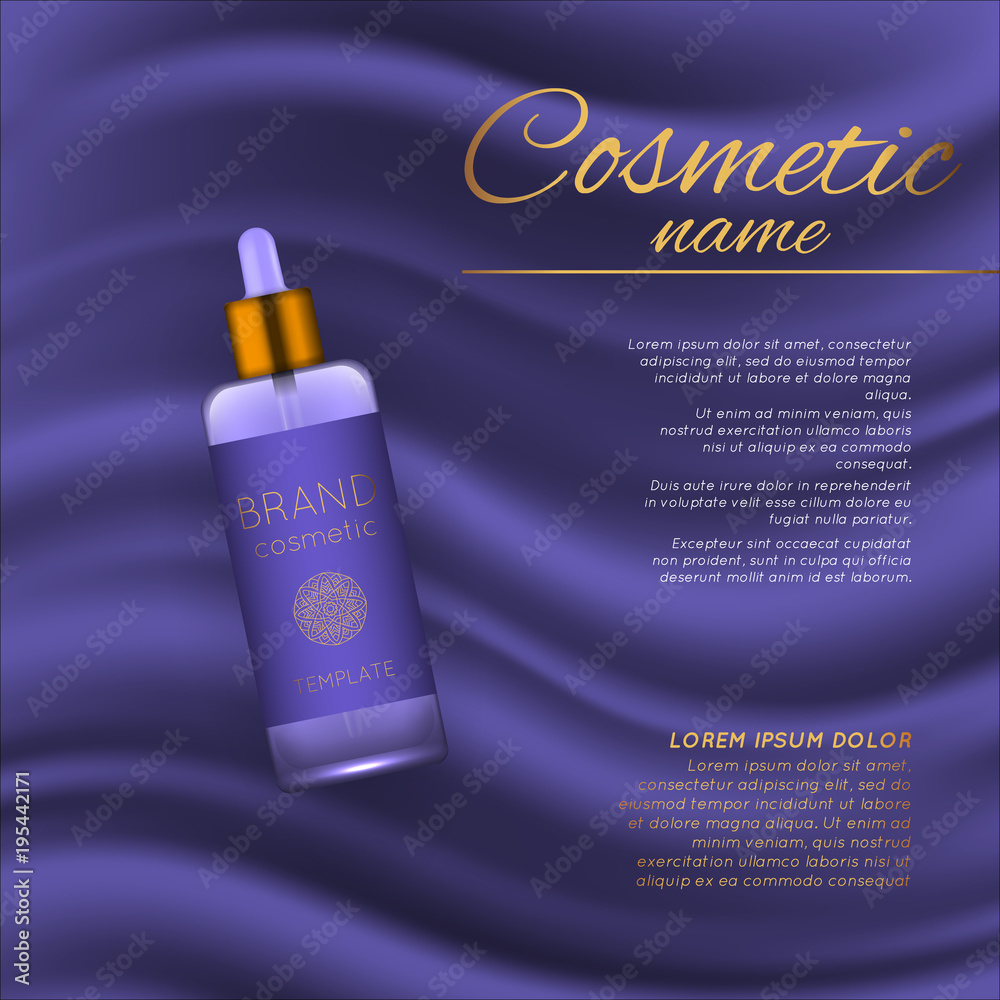 Vector 3D cosmetic illustration on a soft silk background. Beauty realistic cosmetic product design template. Vector 3D cosmetic illustration on a soft silk background. Beauty realistic cosmetic product design template.