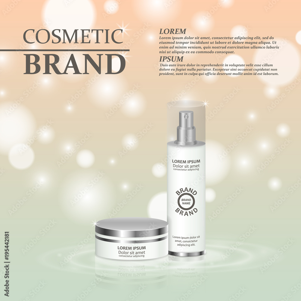 3D realistic cosmetic bottle ads template. Cosmetic brand advertising concept design with glitters and bokeh background