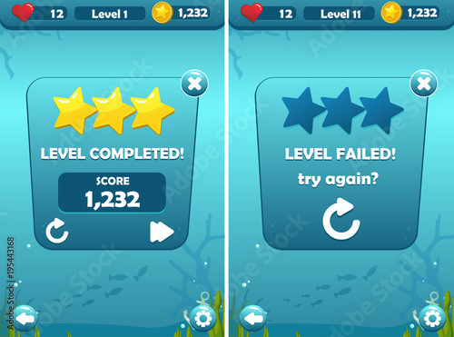 Level Completed and Failure Screens for Underwater Game Concept