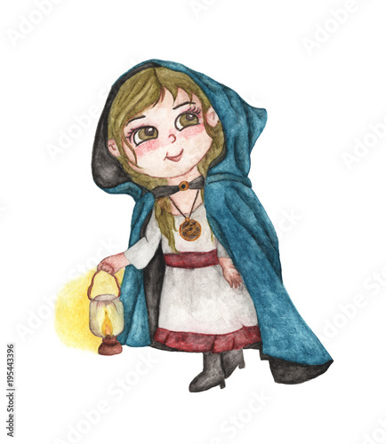 Woman in blue cloak with lantern isolated on white background, Hand Drawn and Painted. watercolor illustration