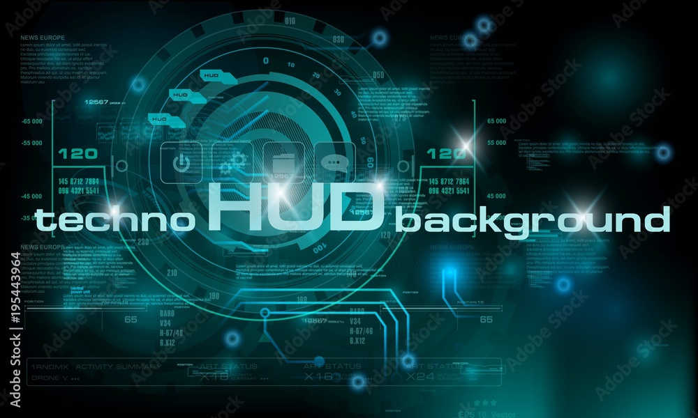HUD technology background, colorful digital background, 3D technology interface. HUD techno background with floating numbers HUD technology background, colorful digital background, 3D technology interface. HUD techno background with floating numbers