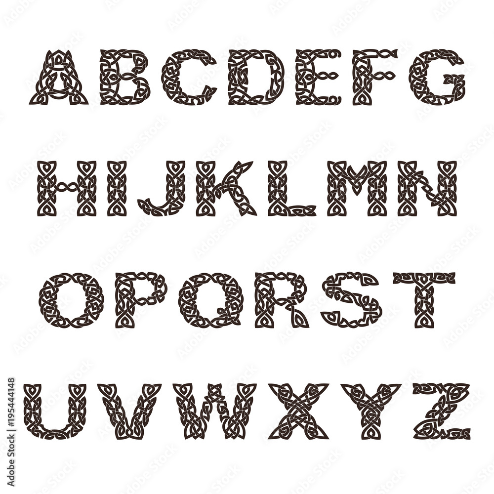 Letters of English alphabet with Celtic national ornament as interlaced ...