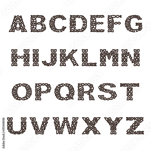 Letters of English alphabet with Celtic national ornament as interlaced ribbon isolated on a white background.