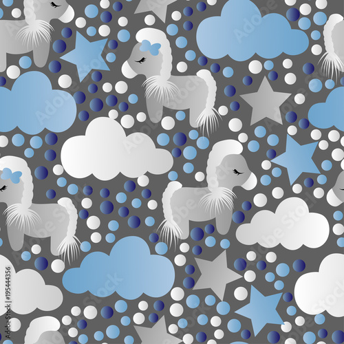 pattern with cartoon pony, clouds and stars